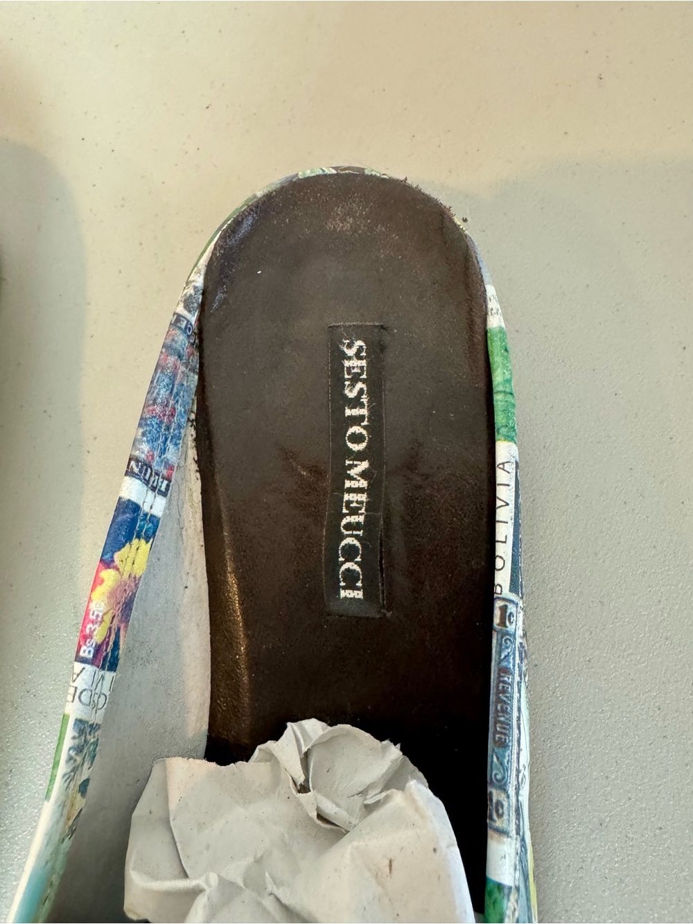 Vintage Sesto Meucci Made In Italy Postage Stamp Print Moccasins Mules Size 9.5 - Picture 5 of 12
